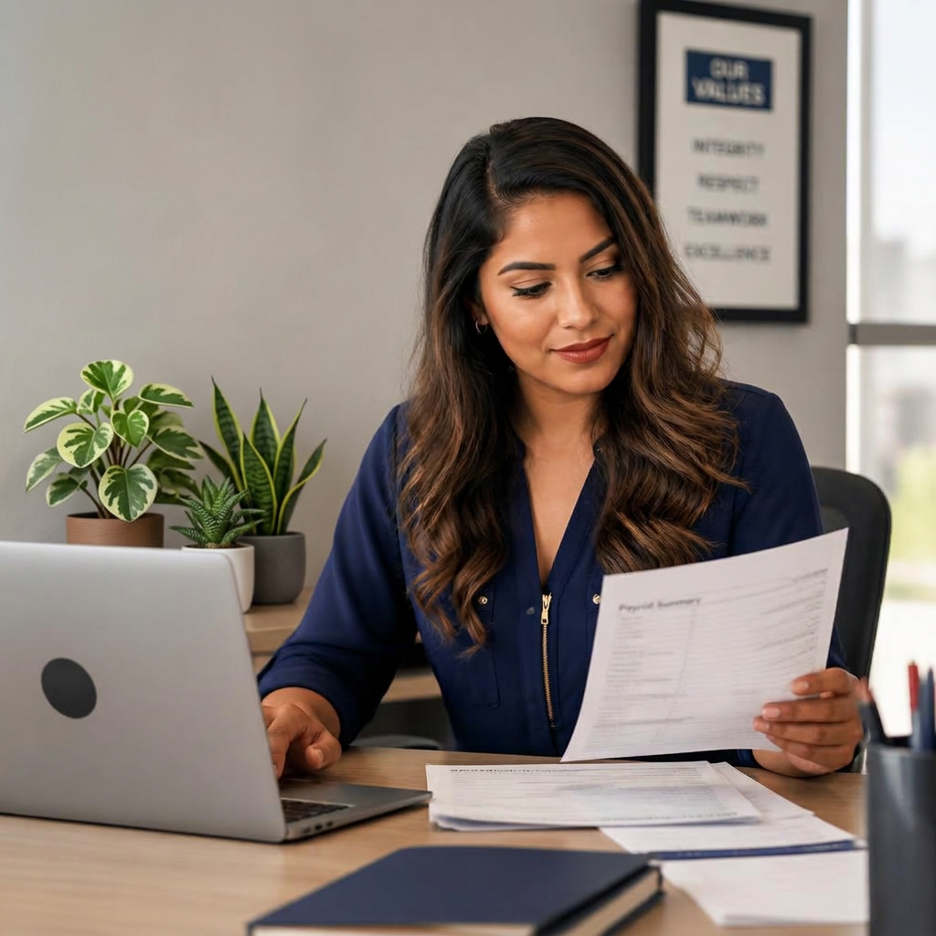 An RTRG specialist reviewing payroll and invoice paperwork at her desk